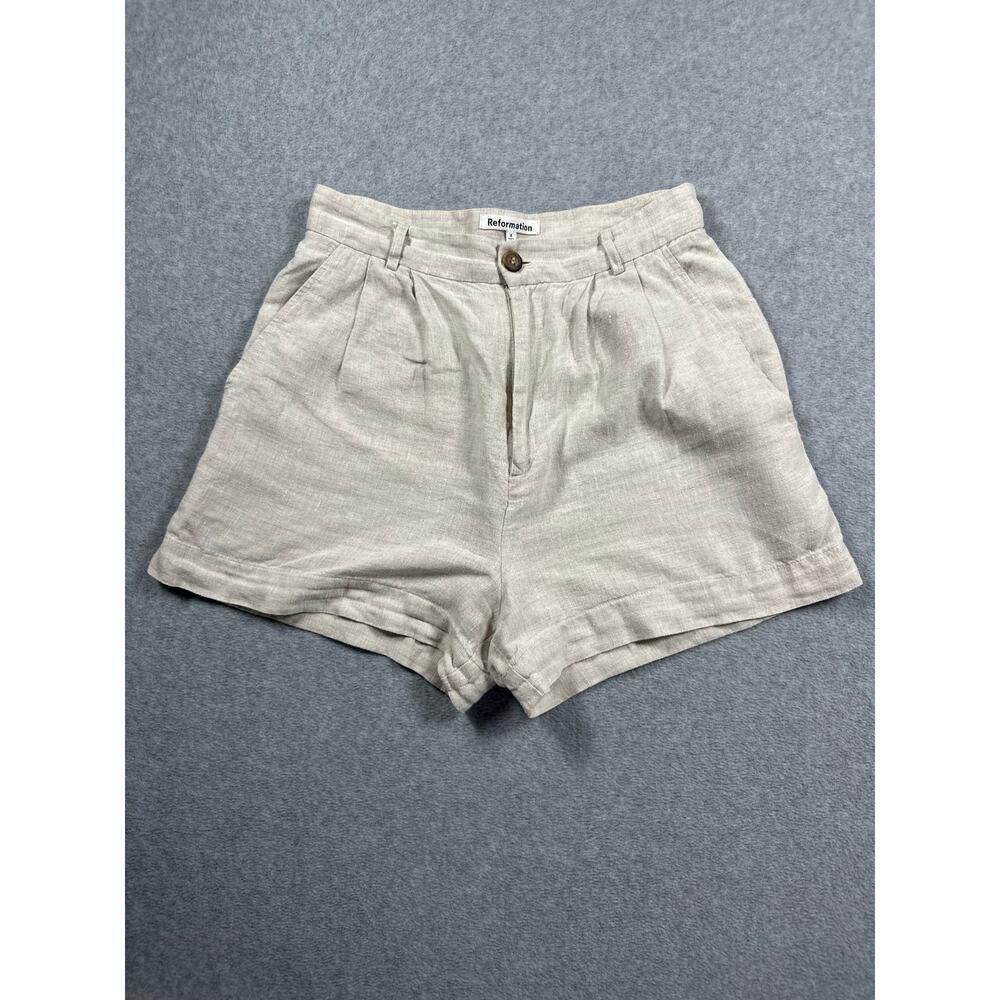 Reformation High Waist Linen Short Women's 4 Khaki Button Front Pleated
